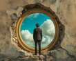 Man looking at the cloudy sky through a circular window of ruined wall. Plans for the future conceptual background.