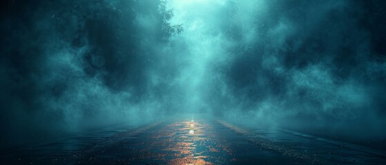 Poster - Street scene, wet asphalt, reflections of rays on water, smoke, smog, neon lights, spotlights. Concrete floor, dark scene.