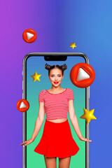 Sticker - Creative 3d graphics collage of beautiful lady recording video stream on youtube blog colorful background