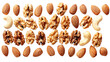 Assortment of nuts laid out on a white background