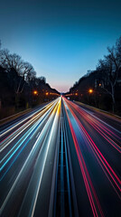 Wall Mural - Vibrant Car Light Trails at Sunset, Urban Motion Blur