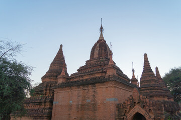 Burmese temples of Bagan City from a balloon, unesco world heritage with forest trees, Myanmar or Burma. Tourist destination.