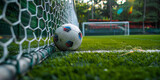 Fototapeta Sport - Close-up view of a soccer ball nestled in a goal net with vibrant autumn leaves scattered on green turf