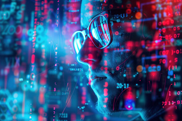 Poster - A man's face overlayed with lights and computer code. Hi-Tech futuristic background. Created with Generative AI technology.