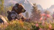 A serene meadow setting with a bear journalist wearing headphones accompanied by a nanobot capturing the tranquility of nature
