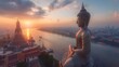 Buddha Statue Overlooking River at Sunset in Cityscape, To showcase the harmony between spirituality and urban life, capturing the beauty and