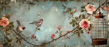Beautiful Birds And Flowers Painting With Old-Fashioned Cage