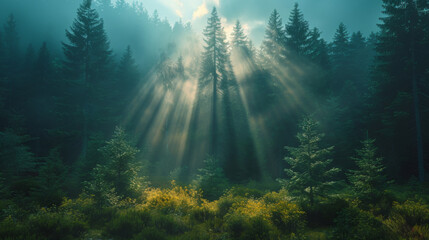 Wall Mural - Natural Forest of Spruce Trees, Sunbeams through Fog create mystic Atmosphere.