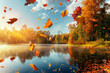A serene autumn landscape with golden, sunlit leaves gently falling into a still, reflective lake, surrounded by trees with vibrant hues of orange, red, and yellow