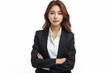 Witness the elegance of a photorealistic Asian businesswoman captured against a clean white background, with crystal-clear sharpness, perfect for a sophisticated business banner design
