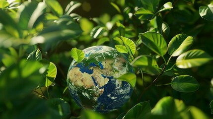 Sticker - Earth globe on green leaves background. Concept of ecology and environment.