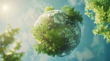 Sticker - Earth planet with green trees and blue sky background. 3d rendering