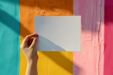 Poster - hand holding rectangular blank white paper board, card for advertising mockup, copy space for text, minimalistic editorial aesthetic, vibrant colorful