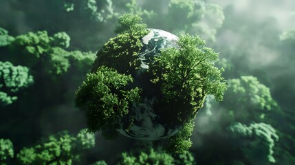 Sticker - Earth planet with green trees and blue sky background. 3d rendering