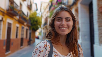 Cheerful happy woman exploring the centre of Granada.Visiting famous landmarks and places.Travelling to Europe. Walking tour in Madrid.Backpack tourist Spain vacation experience.Student in Andalusia