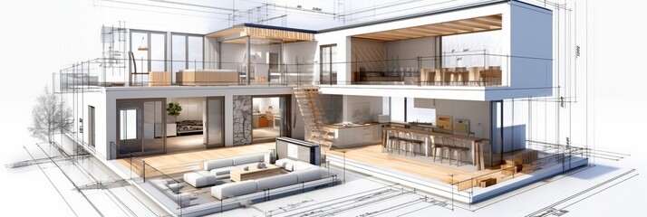 Poster - vision of architecture of a 3d model house project with blueprint