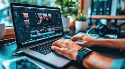 Multimedia designer using software to edit video footage on laptop at desk, learning to use production application online. Design student working on film montage to create media content.