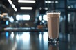 Generative AI, Protein cocktail in the glass on the blurred gym background, sport nutrition 