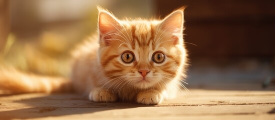 A small orange and white kitten with fluffy fur is lying on the ground, its eyes closed in relaxation. The kittens paws are curled underneath its body, and its tail is softly tucked beside it.