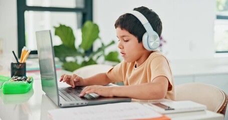 Sticker - Student, laptop and kitchen with education, elearning and growth for future and knowledge. Computer, child and home for technology, studying and virtual or online school for development or assessment