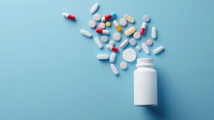 white medicine Bottle opened with different pills on blue background, top view