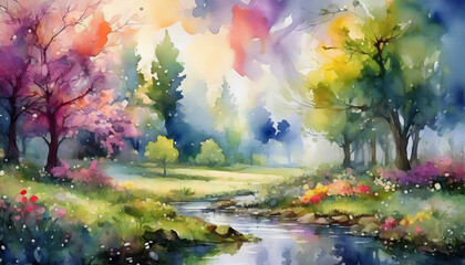  Abstract watercolor painting of scenery with pink blooming trees and river. Natural spring landscape.