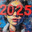 A portrait featuring a woman with round glasses showcasing the year 2025 in bold red, set against a textured urban-style blue and white background with graffiti elements.