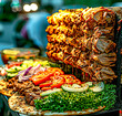 Roasted Döner with a Fresh Veggie Ensemble - A vibrant display of a Turkish Döner kebab station with succulent roasted meat and a side of fresh, colorful vegetables, served on a warm flatbread.
