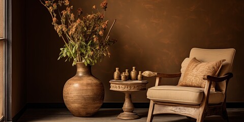 Wall Mural - This warm, earthy room with its inviting armchair and tasteful vases offers a cozy and comfortable atmosphere for relaxation and design