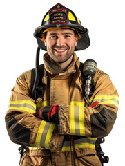 firefighter portrait, friendly smiling arms crossed. isolated on solid white background