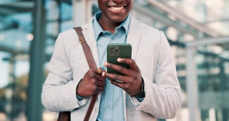 Businessman, smile or hands with phone in city commute to work or office on outdoor travel with news. Trip, employee or black man networking in urban area or Cape Town with message or notification