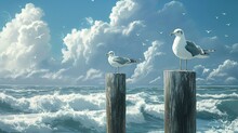 Seagulls Resting On Weathered Wooden Posts, Set Against The Backdrop Of The Endless Ocean And The Cloud-strewn Canvas Of The Sky.