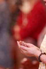 Sticker - Sunday morning mass in a church. Woman praying.