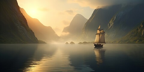 Wall Mural - A dreamy scene featuring a sailboat gliding through a mist-covered fjord during a serene sunrise