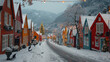 Panorama of historical buildings of Bergen at Christmas time. View of old wooden Hanseatic houses in Bergen.