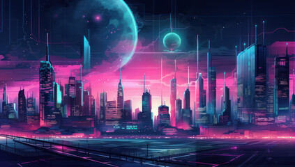 Wall Mural - Futuristic Urban Skyline: A Digital Illustration of a Modern Cityscape with Alien-Like Skyscrapers and Neon Lights, Set in a Blue Galaxy Environment.