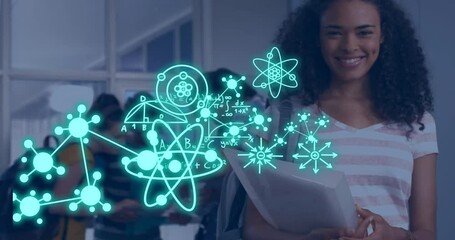 Poster - Animation of equations and atomic structures over happy biracial female student in school corridor