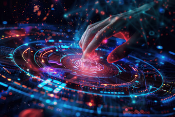 Poster - Digital Interaction. Hi-Tech futuristic background. Created with Generative AI technology.