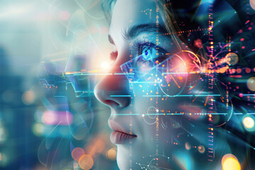 Poster - Digital Interaction. Hi-Tech futuristic background. Created with Generative AI technology.