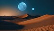 © Kati Lenart - Imaginary planet landscape. Sand desert with gigantic dunes and mountains, two moons in the sky.