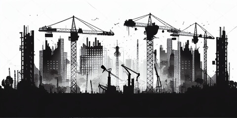 Wall Mural - Black and white illustration, construction site silhouette with houses and construction cranes. AI generated.