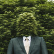 a man in a business suit with a cannabis bud instead of a head, green bushes of cannabis plants around, legalize, surrealism, retro poster, vintage grainy photo