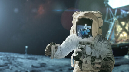 Poster - Space man in a spacesuit with a camera takes a soil sample and explores the moon, concept. Lunar expedition, creative idea. Man on the Moon