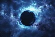 A deep space background with a black hole and event horizon