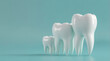 Three white molar teeth in different size, small, medium, large, stand isolated on clean blue background. Oral care concept. Artificial premolar models