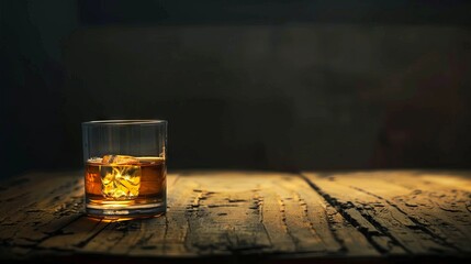 Glass of whiskey with ice on a wooden table in the dark.