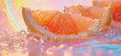 Fresh grapefruit splashing in water with droplets flying around, vibrant colors. stock photo of water splash with sliced grapefruit Food Photography.
