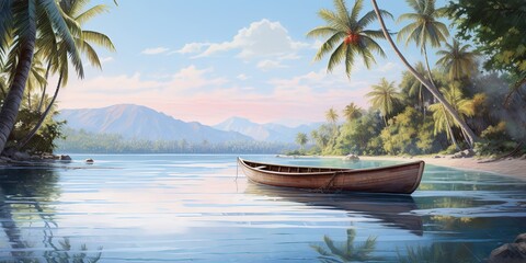 Wall Mural - A serene image of a sailboat gliding over calm waters with misty hills in the background