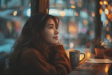 Young woman enjoying coffee at cozy cafe.