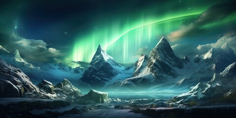 Wall Mural - A breathtaking digital representation of the northern lights dancing over a rugged snowy mountain